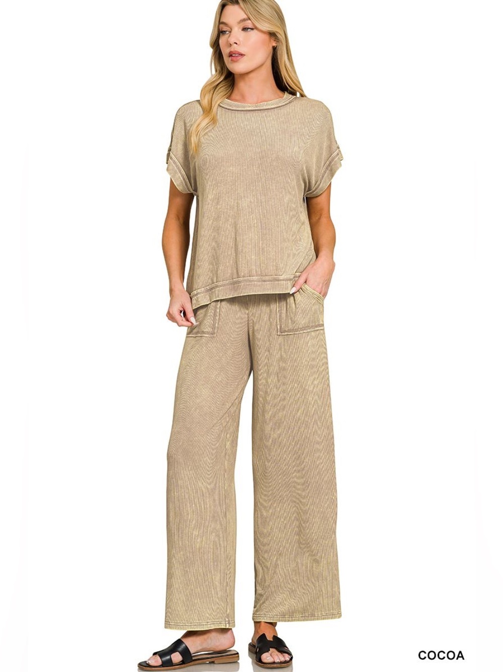 Zenana Ribbed Acid Wash Rayon Pants And Tops Set in Cocoa